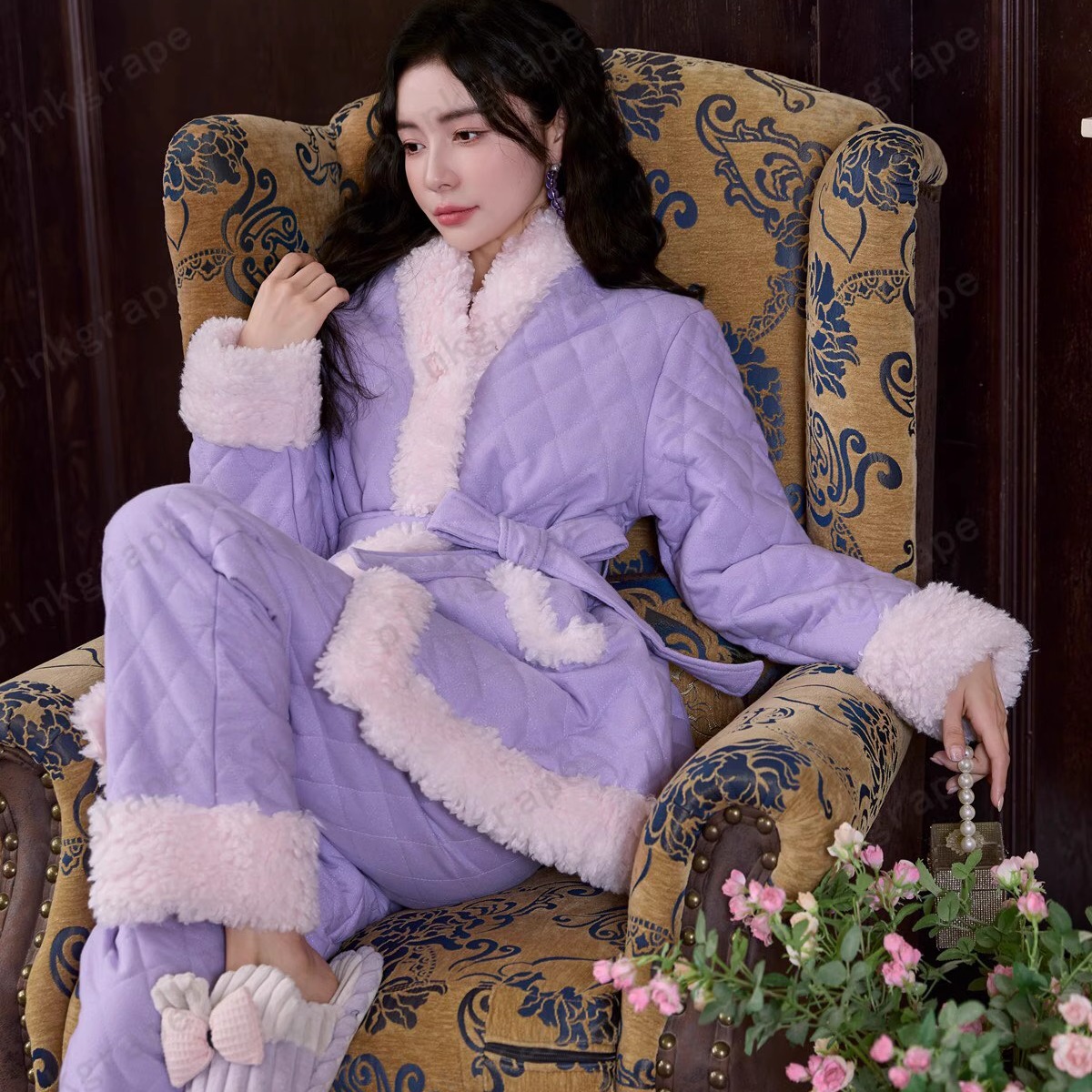 pink grape三层夹棉加厚加绒冬季紫色女睡衣和服汉服款无领家居服