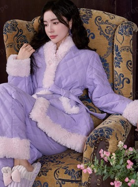 pink grape三层夹棉加厚加绒冬季紫色女睡衣和服汉服款无领家居服