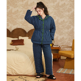 天套装 三层夹棉袄加厚加绒格子简约家居服秋冬款 款 睡衣女冬季