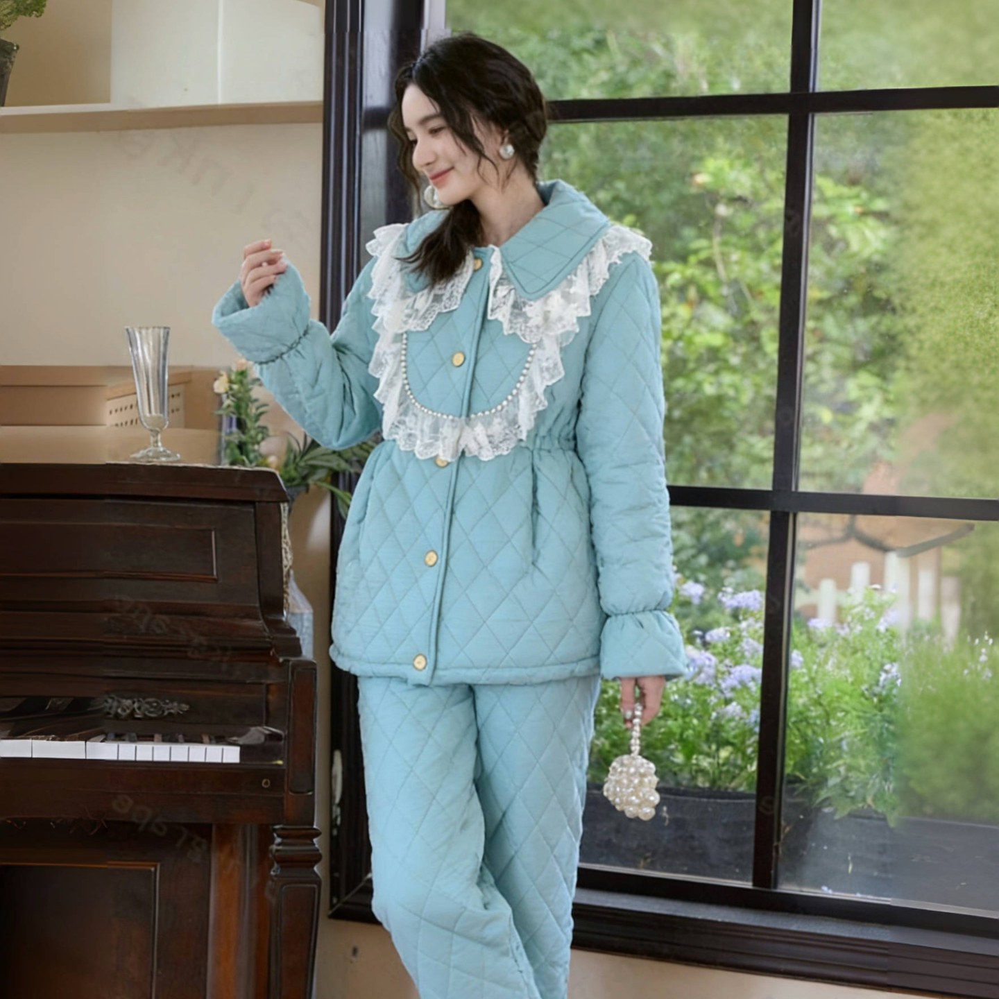 pink grape冬季三层夹棉加厚保暖睡衣女公主甜美公主风蕾丝家居服