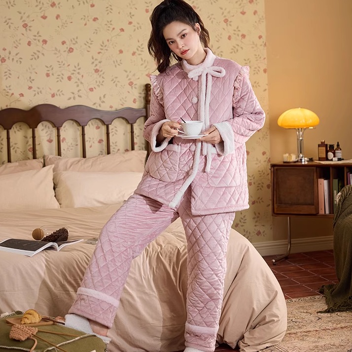 月光女神冬季三层夹棉加绒加厚原创保暖女士睡衣家居服套装可外穿
