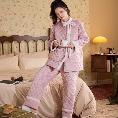 月光女神冬季三层夹棉加绒加厚原创保暖女士睡衣家居服套装可外穿