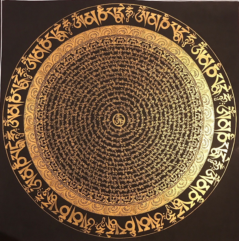 手绘唐卡装饰画六字真言黑金坛城咒轮客厅玄关镇宅挂