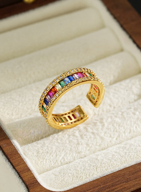 彩色锆石戒指个性女时尚彩虹满镶彩宝指戒欧美简约百搭开口食指戒
