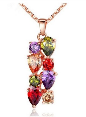 套装锆石项链耳环七彩项链耳环两件套女锁骨链吊坠