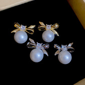 欧美蝴蝶结耳环女式 高级感轻奢气质百搭珍珠耳饰时尚 配饰闺蜜礼物