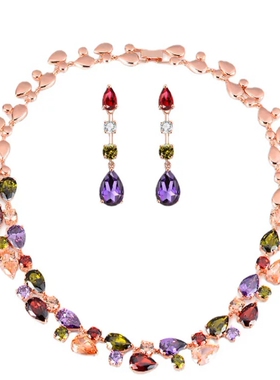 新款彩色水晶项链耳环套装女轻奢气质百搭送女友闺蜜锆石首饰项链