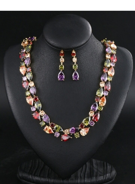 欧美夸张七彩项链耳环套装奢华锁骨链装饰晚宴礼服女新娘气质配饰
