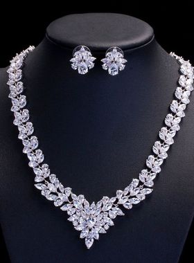 奢华闪钻首饰韩版新娘珠宝饰品冰花项链耳环锆石套装晚宴礼服配饰