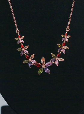 新款夏花锆石项链七彩锆石项链气质韩版时尚女饰品颈链百搭配饰