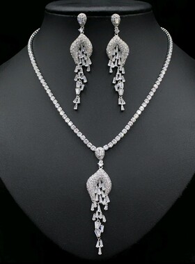 欧美新娘锆石长款s925银耳坠轻奢闪亮显瘦礼服晚宴女耳环项链套装