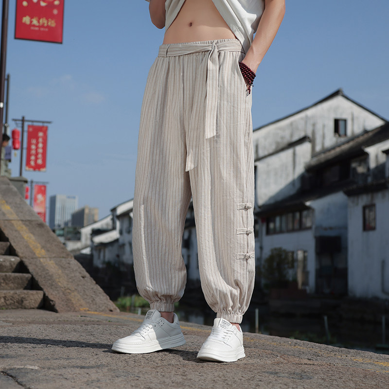新中式夏季高亚麻裤风薄款棉麻盘扣束脚裤1112-5-K910-P65,男装休闲裤,星座1112-5（原712-5）