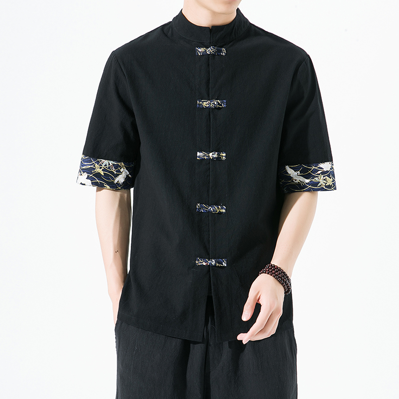 新中式夏季棉麻短袖衬衣宽松复古茶居士上衣XZ1112-5-CS90-P45，男装T恤，星座1112-5（原712-5）