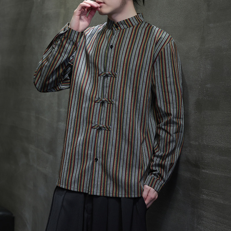 新中式长袖衬衫少数民族大码风条纹立领衬衣1112-5-CS610-P65,男装民族服装,星座1112-5（原712-5）