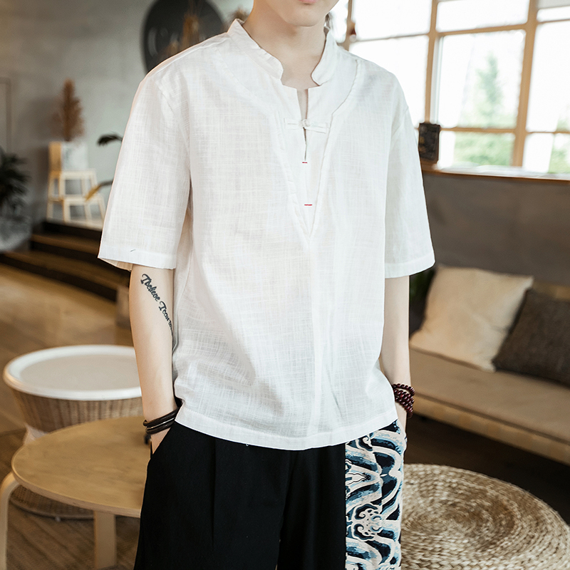 风夏季棉麻短袖T恤男民族风复古盘扣上衣XZ1112-5-TX68-P30，男装T恤，星座1112-5（原712-5）