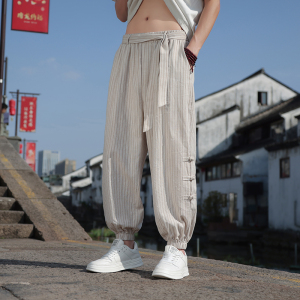 新中式夏季亚麻裤男风宽松薄款棉麻条纹束脚裤712-5-K910-P65图片