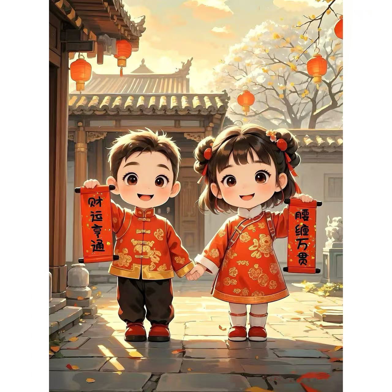 可爱卡通春节福娃春联贴画墙壁卧室门大门店铺新年对联装饰贴纸