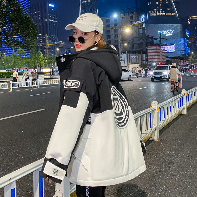 情侣工装羽绒服女中长款2020年新款韩版ins潮拼撞色加厚冬季外套