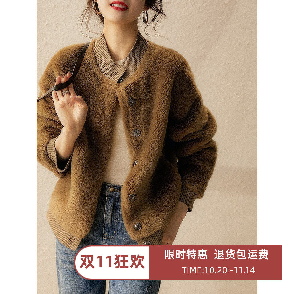 羊羔毛外套女2025秋冬季新款时尚棒球领宽松颗粒羊剪绒短款女上衣