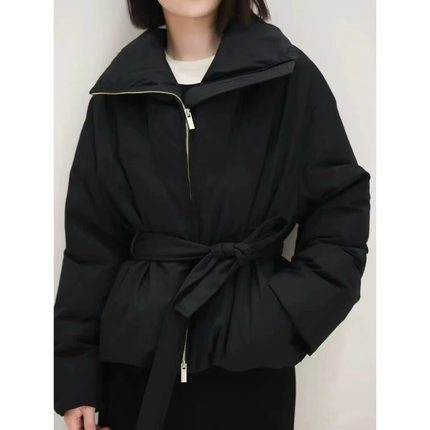 高端新款25冬季真丝羊毛混纺平纹布腰带立领鹅绒羽绒服