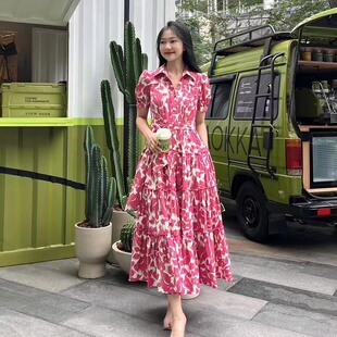 复古连衣裙短袖 裙百褶泡泡袖 文艺风彩绘 DVF海棠艺术影印衬衫