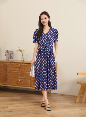 现货速发-高端PG DVF蓝色波点印花修身显瘦V领收腰遮肉法式连衣裙