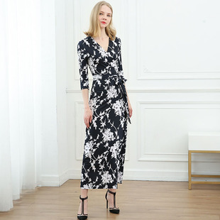 高端新品裹身裙黑底白花气质女人味V领一片式长款连衣裙PG DVF26