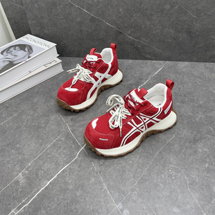 真皮系带网面透气休闲运动鞋 小蛮腰厚底拼色老爹鞋 女2026早春新款