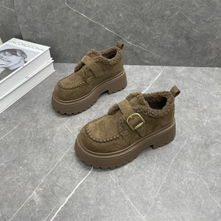 真皮厚底防滑加绒保暖棉鞋 英伦风复古毛毛鞋 新款 2025冬季 女乐福鞋