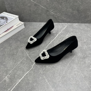 尖头方扣水钻高跟鞋 单鞋 女2025春季 绒面细跟浅口通勤时尚 新款 法式