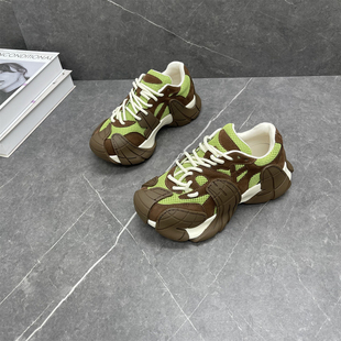 显脚小百搭增高休闲运动鞋 女2026春新款 八爪鱼真皮拼色厚底老爹鞋