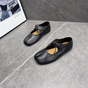 羊皮分趾猪蹄鞋女2026春夏款浅口平底系带软底舒适复古芭蕾小皮鞋