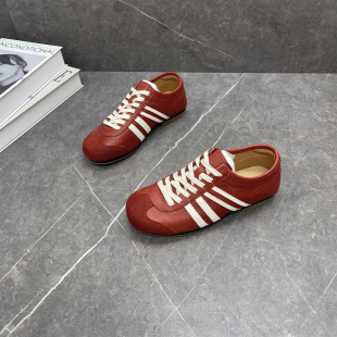 低帮系带平底马皮拼色百搭透气阿甘鞋 真皮复古德训鞋 女2025秋新款