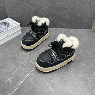 羊毛保暖棉鞋 真皮厚底增高雪地靴女2025冬新款 丑萌胖头系带面包鞋