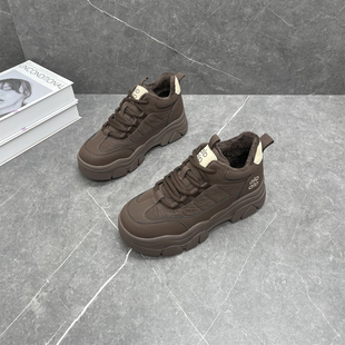 百搭舒适软底系带休闲运动棉鞋 新款 女2025冬季 真皮增高加绒高帮鞋