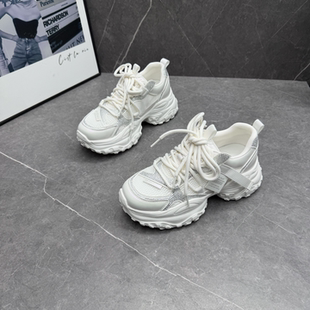 显脚小厚底老爹鞋女2026春夏新款网面透气增高显瘦真皮休闲运动鞋