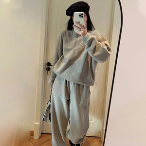 秋冬立领韩版慵懒套装软糯保暖半拉链卫衣裤女宽松休闲运动可外穿