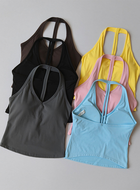 运动内衣女V领挂脖美背聚拢瑜伽服背心外穿跑步防震健身文胸上衣