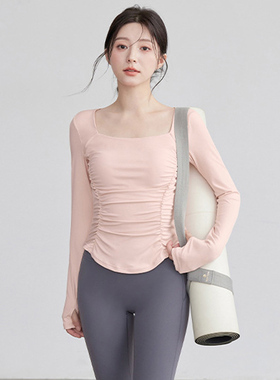 方领褶皱瑜伽服女新款专业普拉提跑步训练骑行运动上衣健身长袖