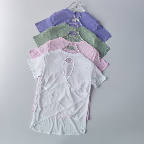 2025新品瑜伽服女罩衫短袖镂空交叉轻薄网纱美背显瘦健身运动上衣