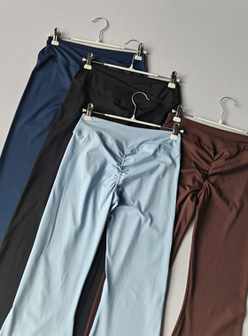 欧美交叉腰性感褶皱蜜桃臀微喇裤阔腿瑜伽速干普拉提外穿健身裤春