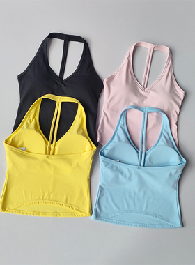 运动内衣女V领夏季挂脖美背瑜伽服背心聚拢外穿跑步训练健身文胸