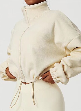 秋冬奥粒绒立领女宽松运动外套加绒保暖休闲短款加厚抽绳卫衣外套