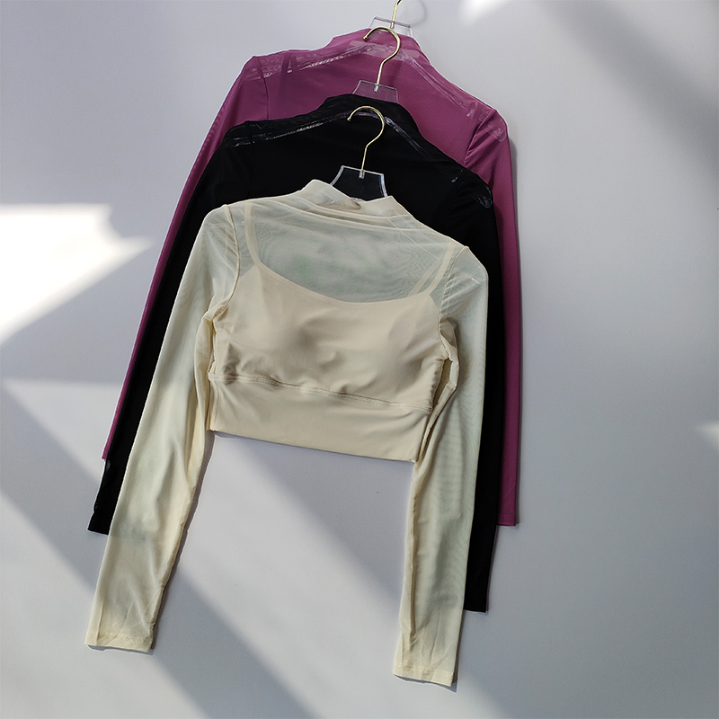 长袖女固定一体杯网纱接拼瑜伽服