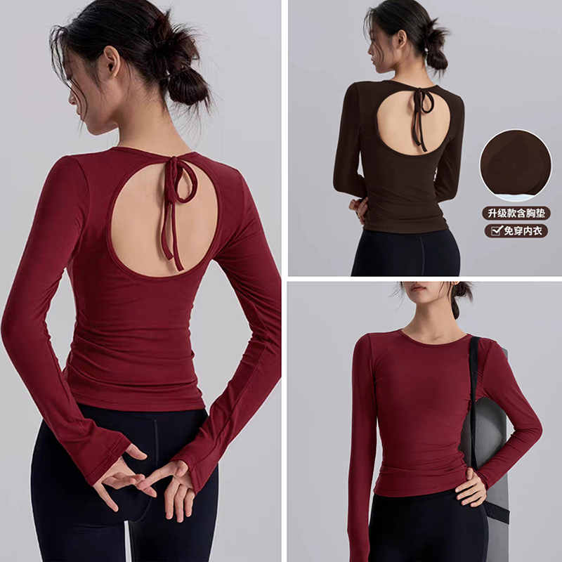 性感露背运动上衣健身带胸垫长袖