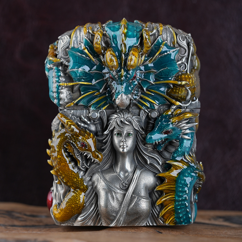 九龙仙女芝宝套壳夜光珐琅彩重盔甲煤油防风打火机送礼龙珠