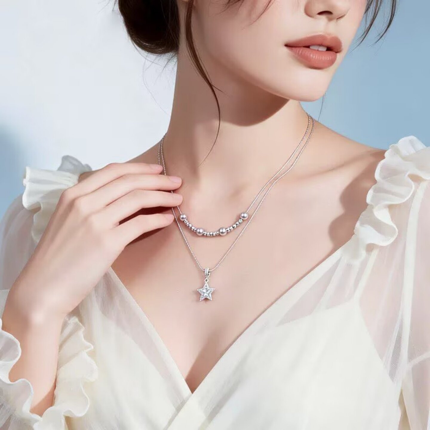 闪锆五角星珍珠叠戴项链女轻奢高级感长款颈链2026新款爆款锁骨链