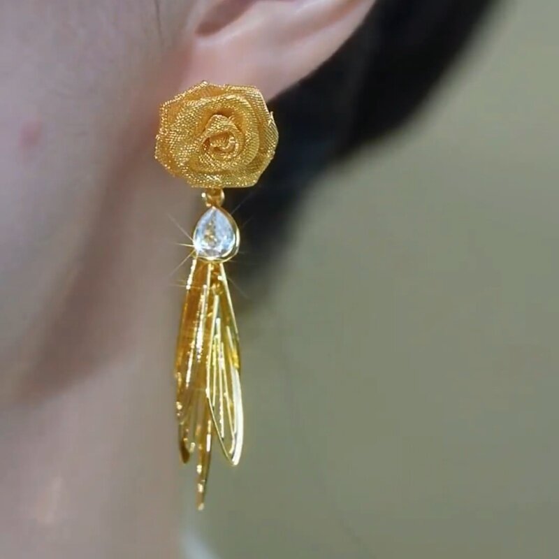 网状玫瑰花叶子流苏耳环超闪耳饰