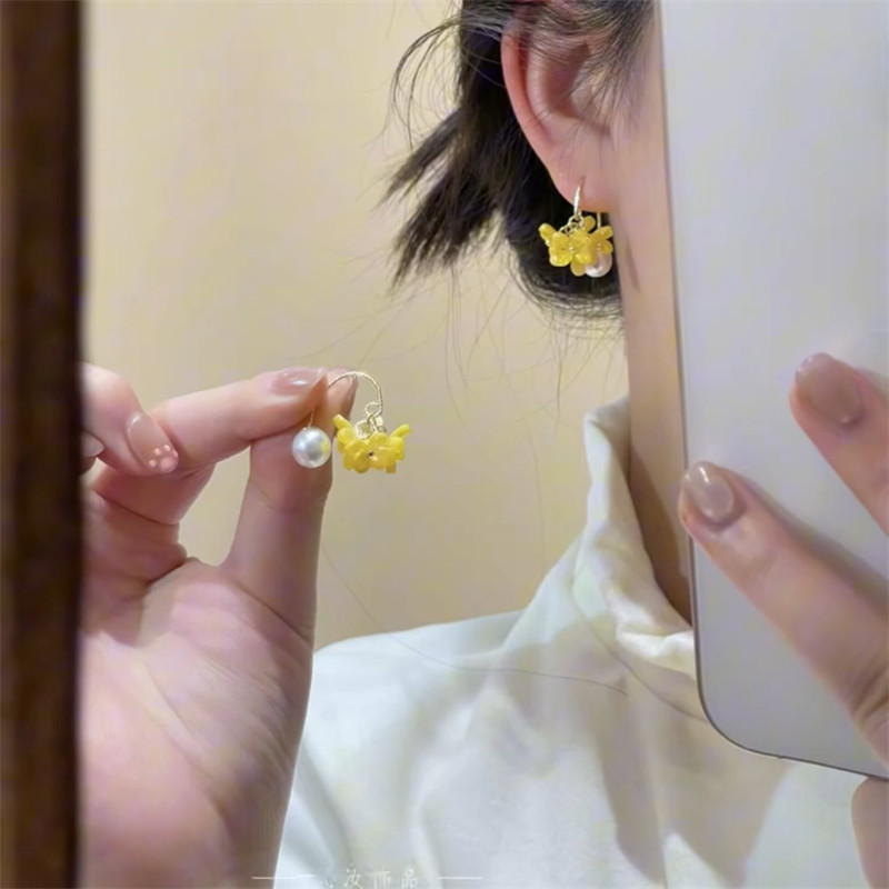 春季新品清新黄色花朵珍珠耳环女
