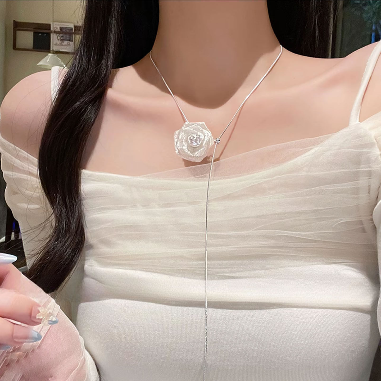 超仙网纱玫瑰花朵长款项链女可抽拉调节锁骨链轻奢设计感颈链配饰